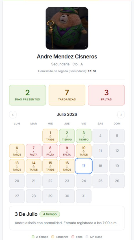 Portal de padres: asistencia, calendario y detalle del día